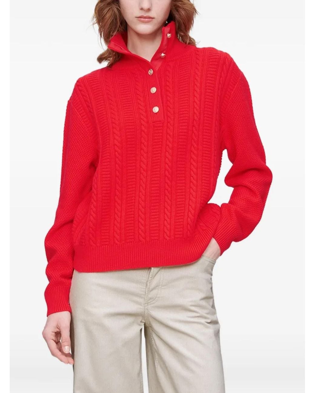 A.P.C. Red Thea Cable-Knit Button Sweater
