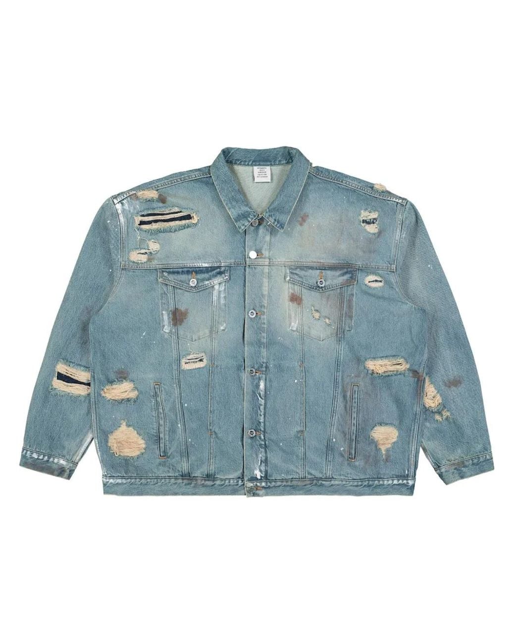 Vetements Blue Distressed Denim Jacket with Spread Collar