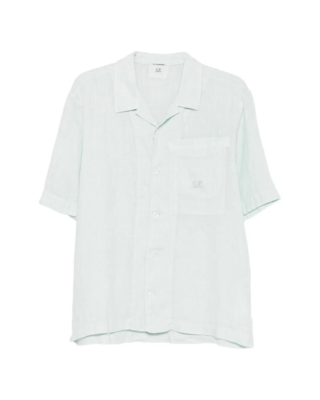 C P Company White Linen Boxy Short Sleeve Button Shirt for men