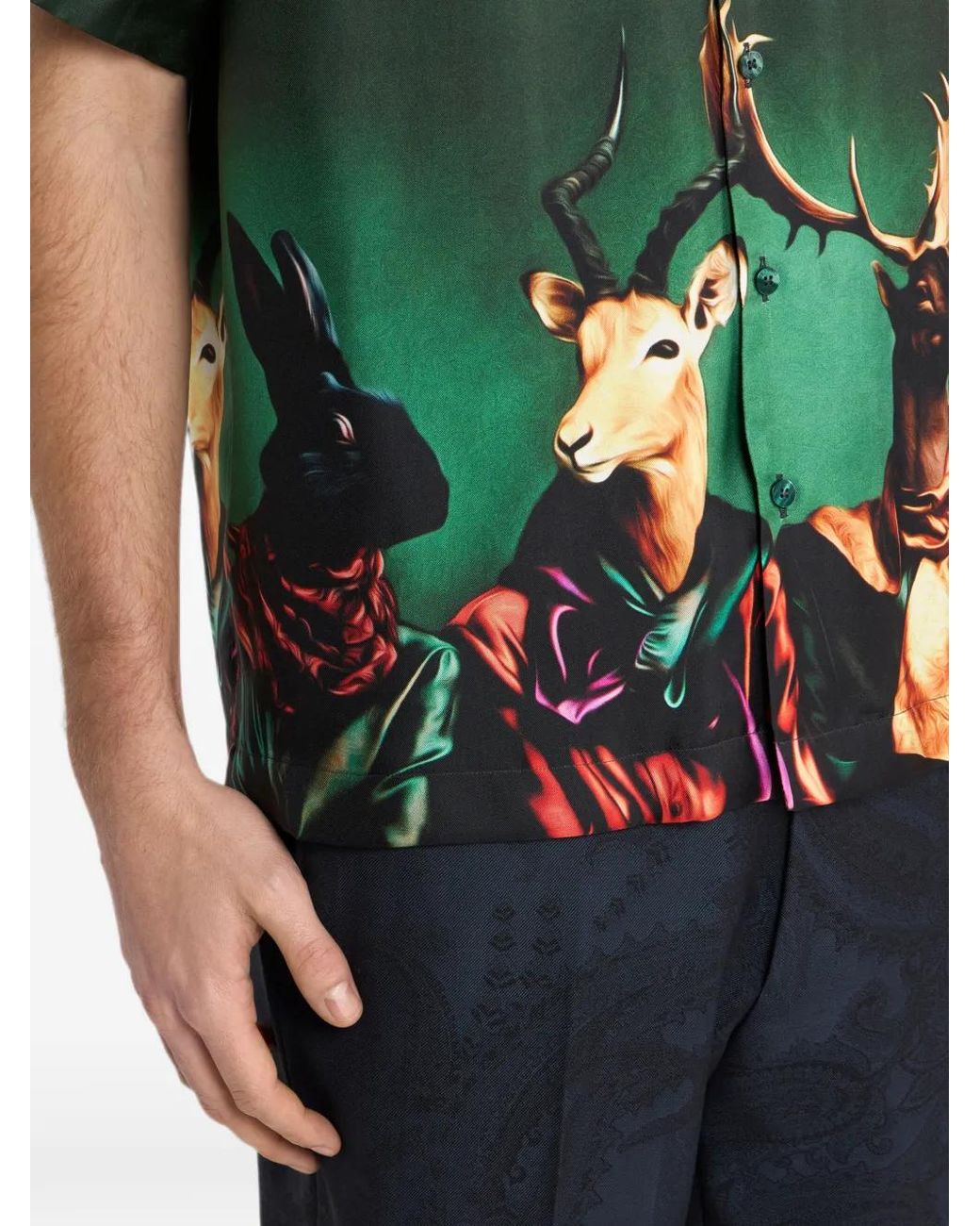 Etro Green Chemise De Bowling En Soie À Imprimé Animalier Placé for men