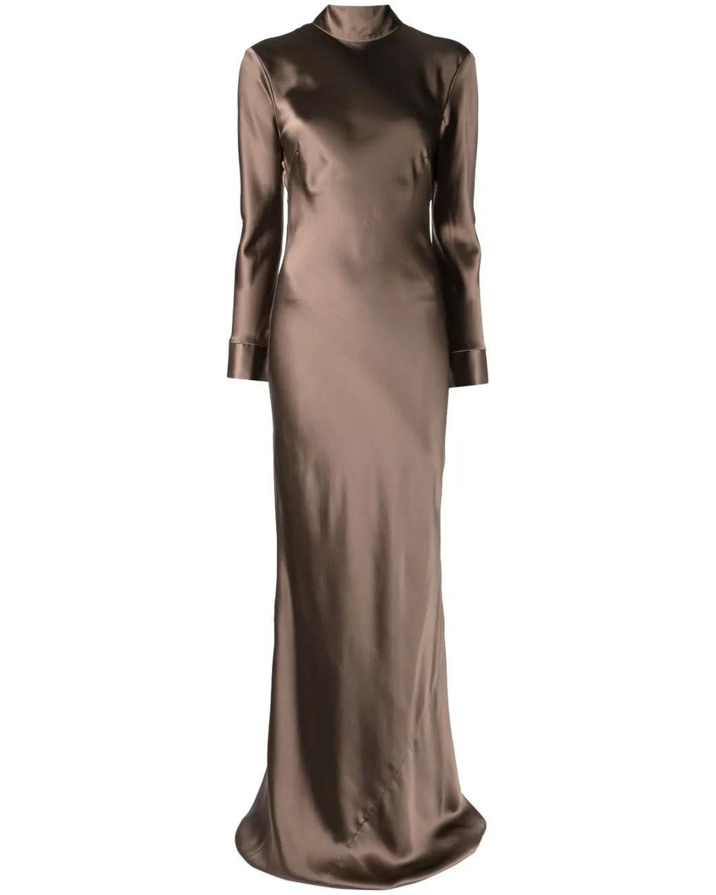 Michelle Mason Natural Open-Back Long-Sleeve Gown Dress