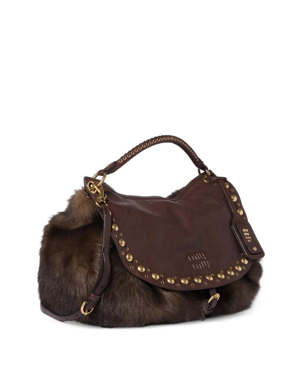 Miu Miu Brown Sac Rendez-Vous En Peau Lainée Et Cuir Nappa À Clous
