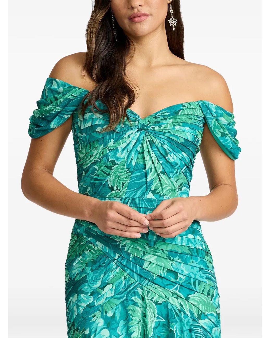 Tadashi Shoji Green Floral-Print Off-Shoulder Midi Dress