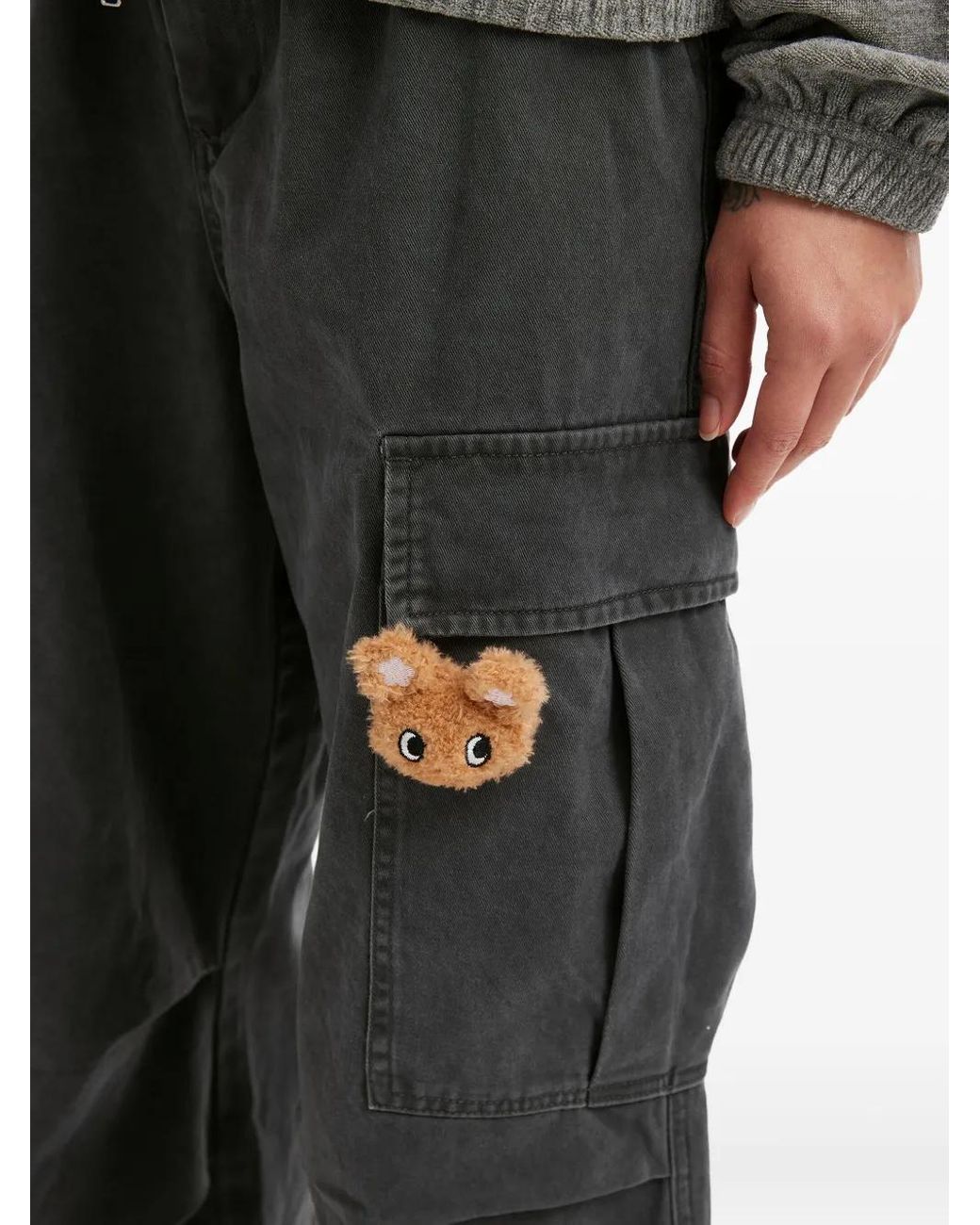 Mini Cream Blue Flower-Appliqué Cargo Trousers