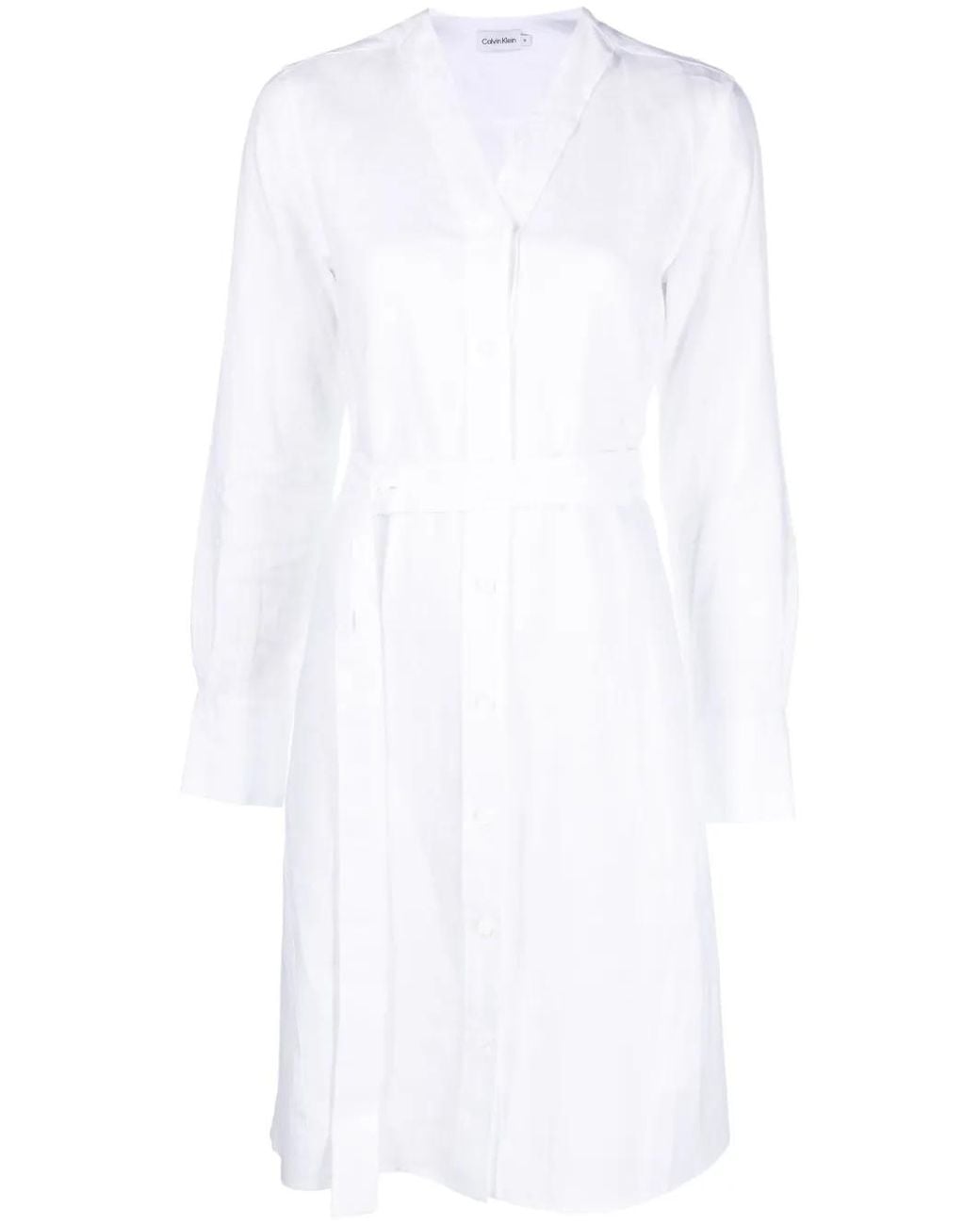 Calvin Klein White Long-Sleeve Belted Dress