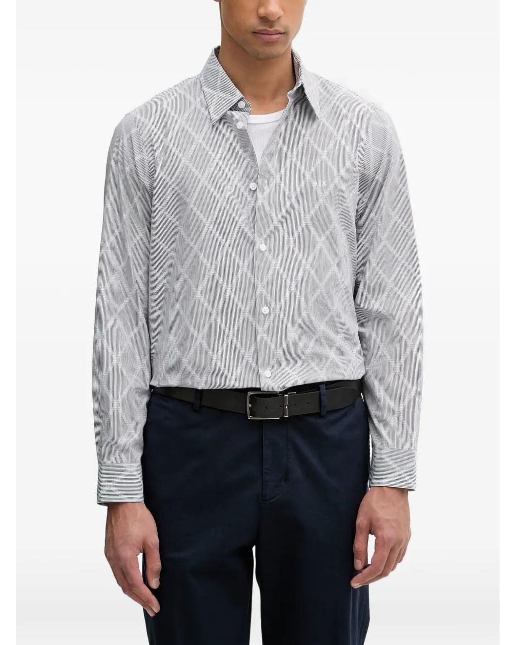 ARMANI EXCHANGE Gray Diamond-Pattern Striped Shirt for men