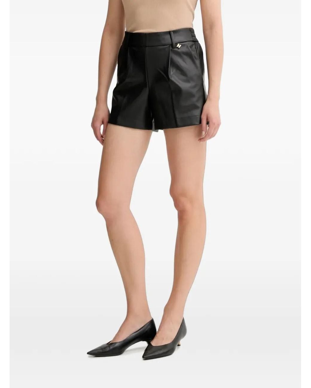 Silvian Heach Black Pleated Logo-Charm Shorts