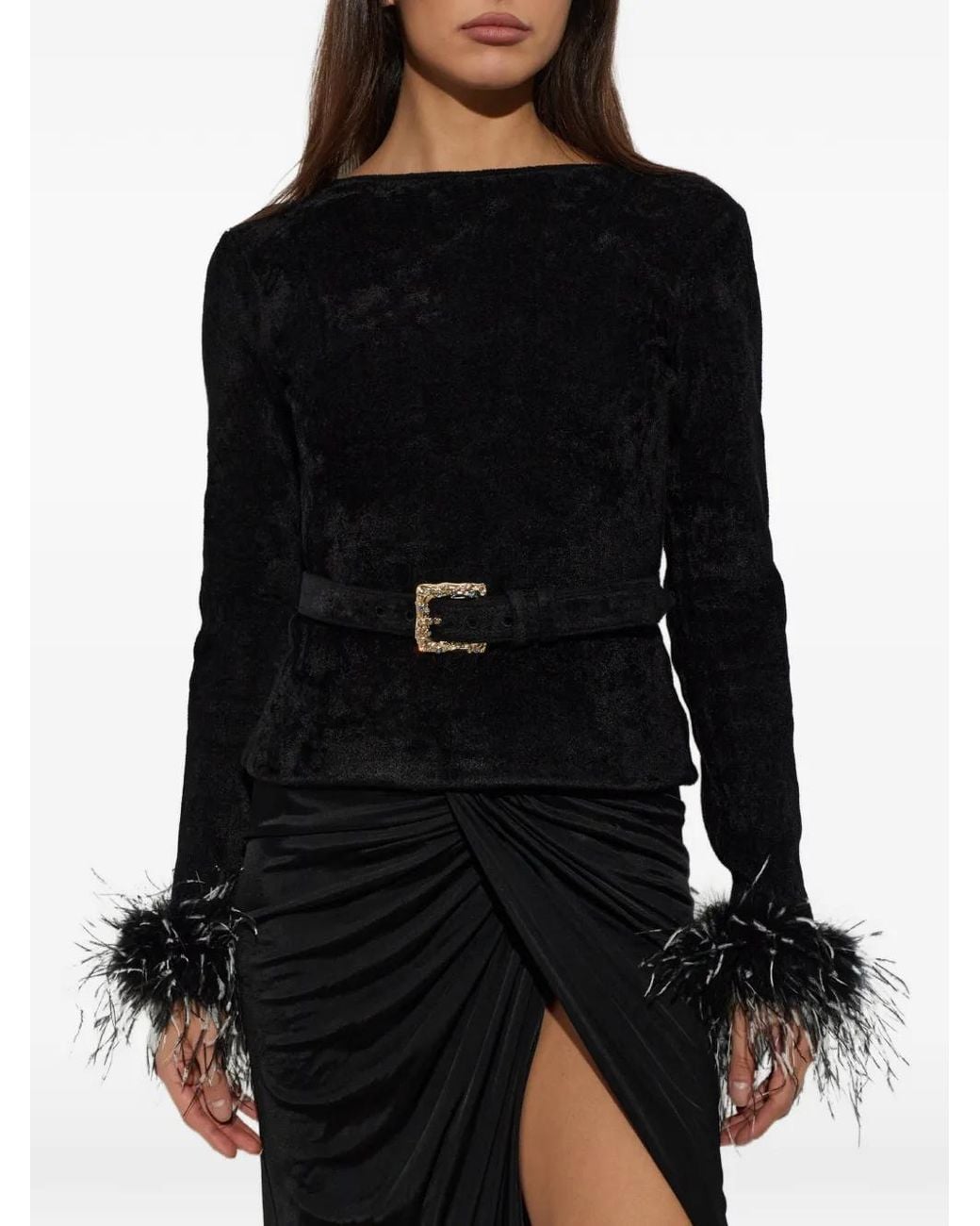 Self-Portrait Black Chenille Knit Feather Top