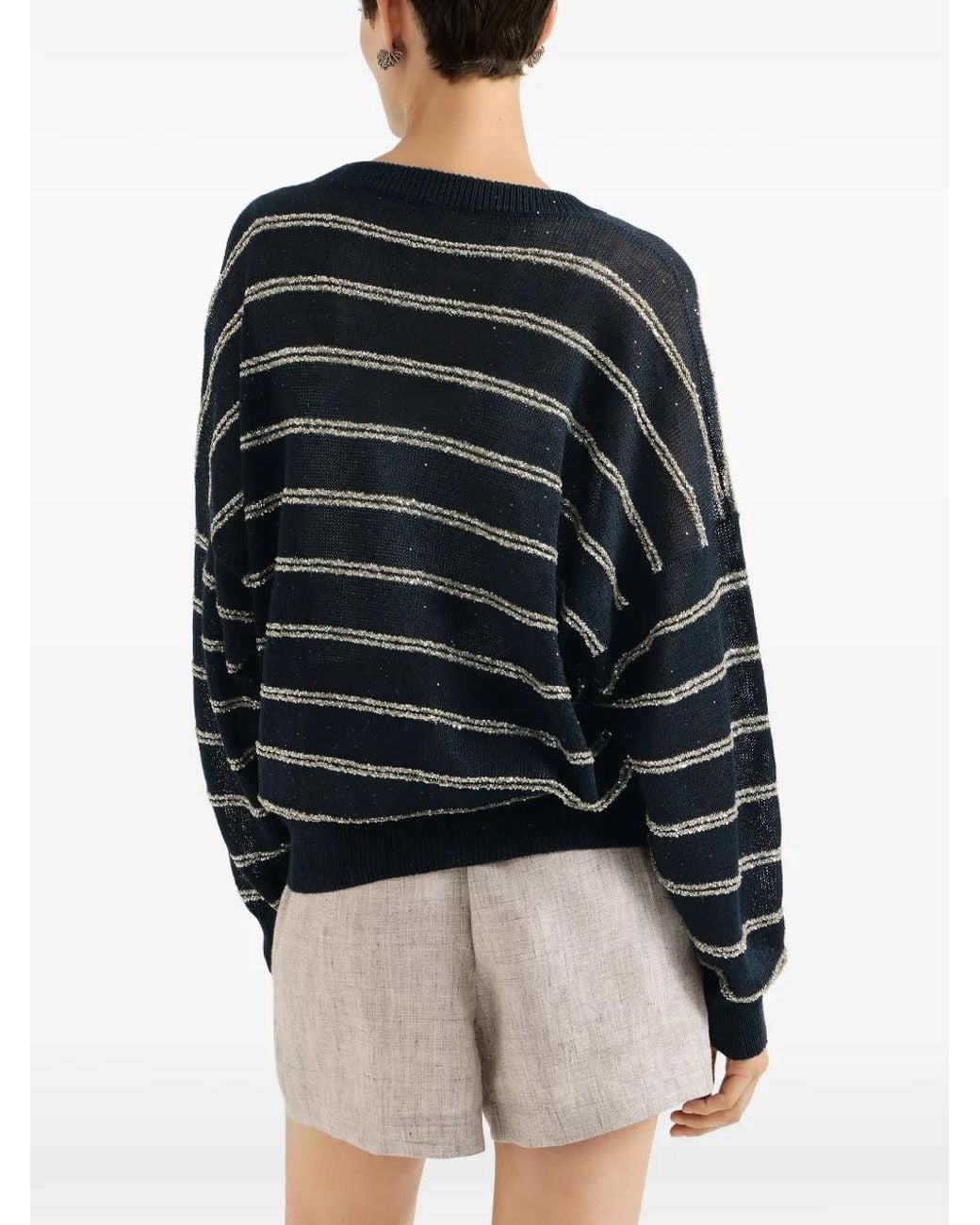 Brunello Cucinelli Blue Linen And Cotton Sweater With Dazzling Double Stripes