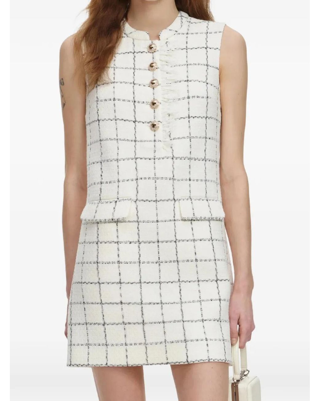 Self-Portrait White Check Boucle Lace Trim Mini Dress