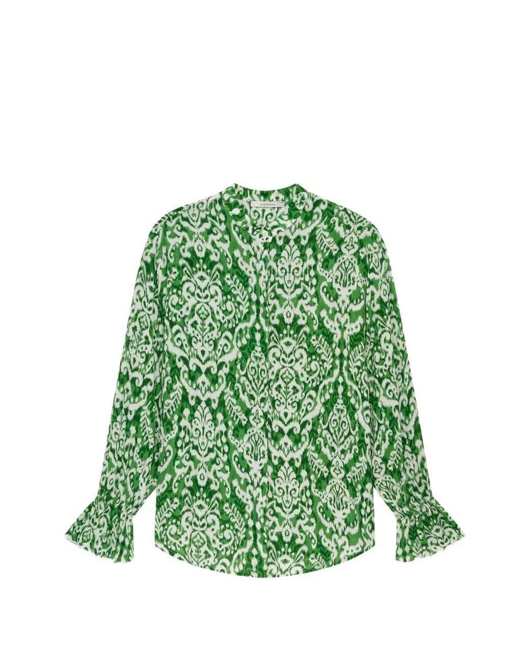 Maliparmi Green Dreamscape Ikat-Print Ruffled Shirt