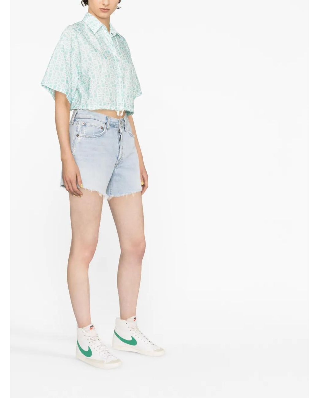 Moncler Blue Logo-Print Cropped Shirt