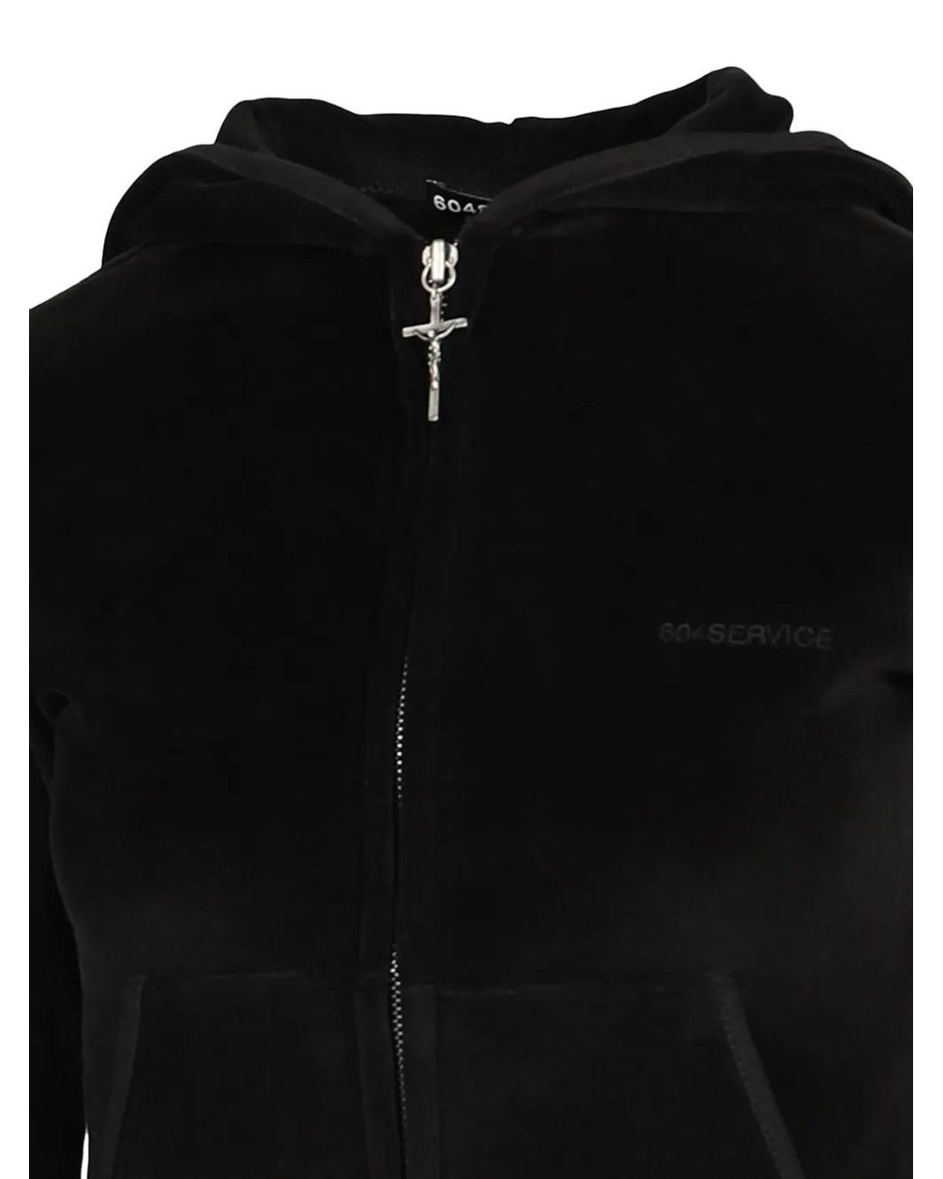 604SERVICE Black Cross-Charm Velvet-Finish Hoodie