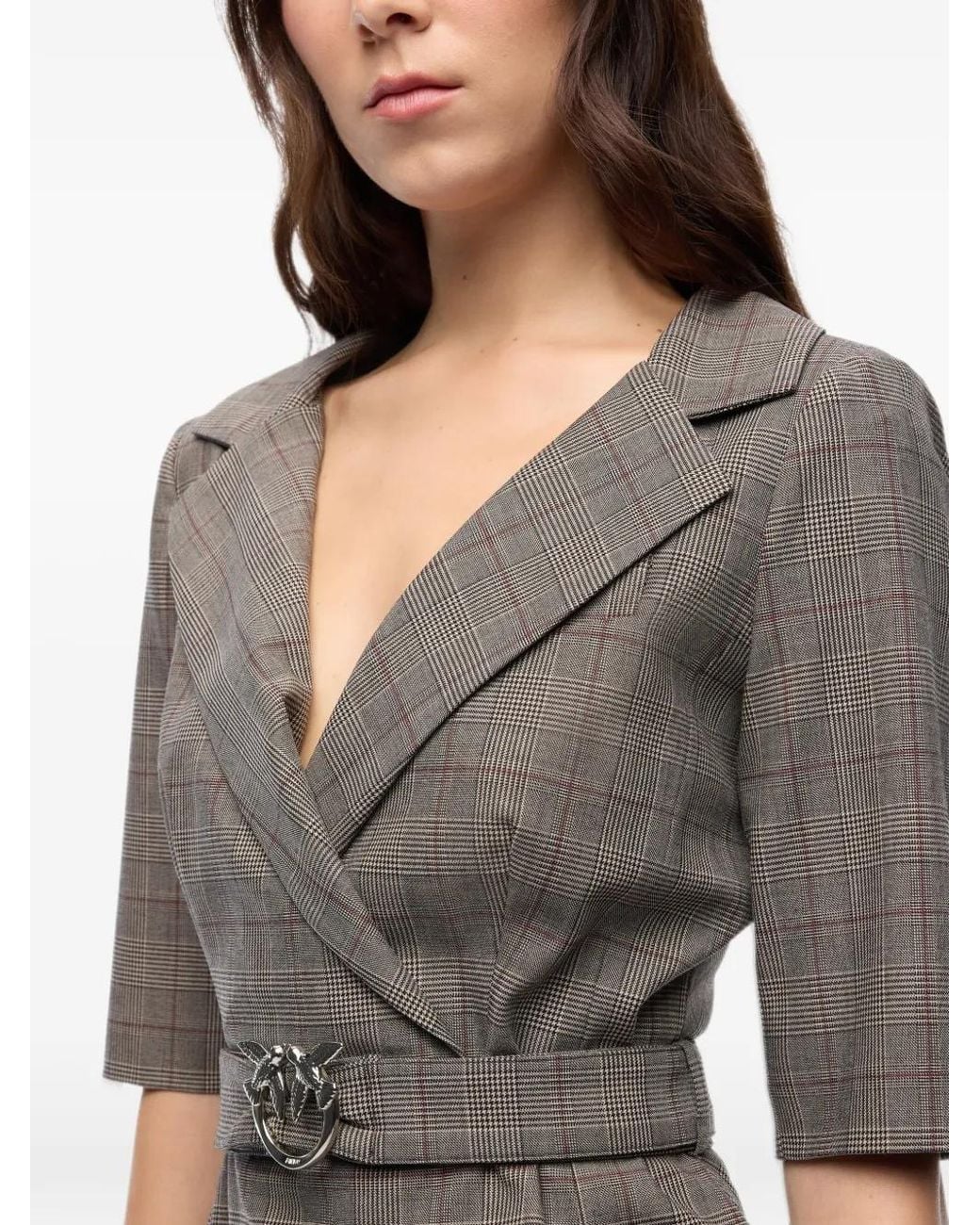 Pinko Natural Slim-Fit Check Wool Dress With Love Birds Belt
