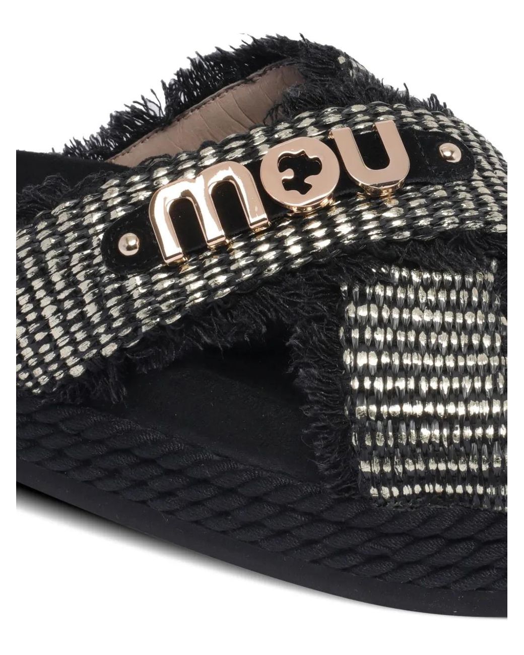 Mou Black Frayed-Strap Platform Sandals