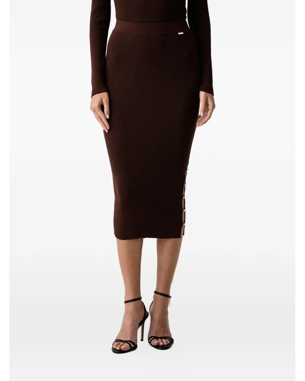 Fracomina Black Ribbed-Knit Logo-Button Midi Skirt