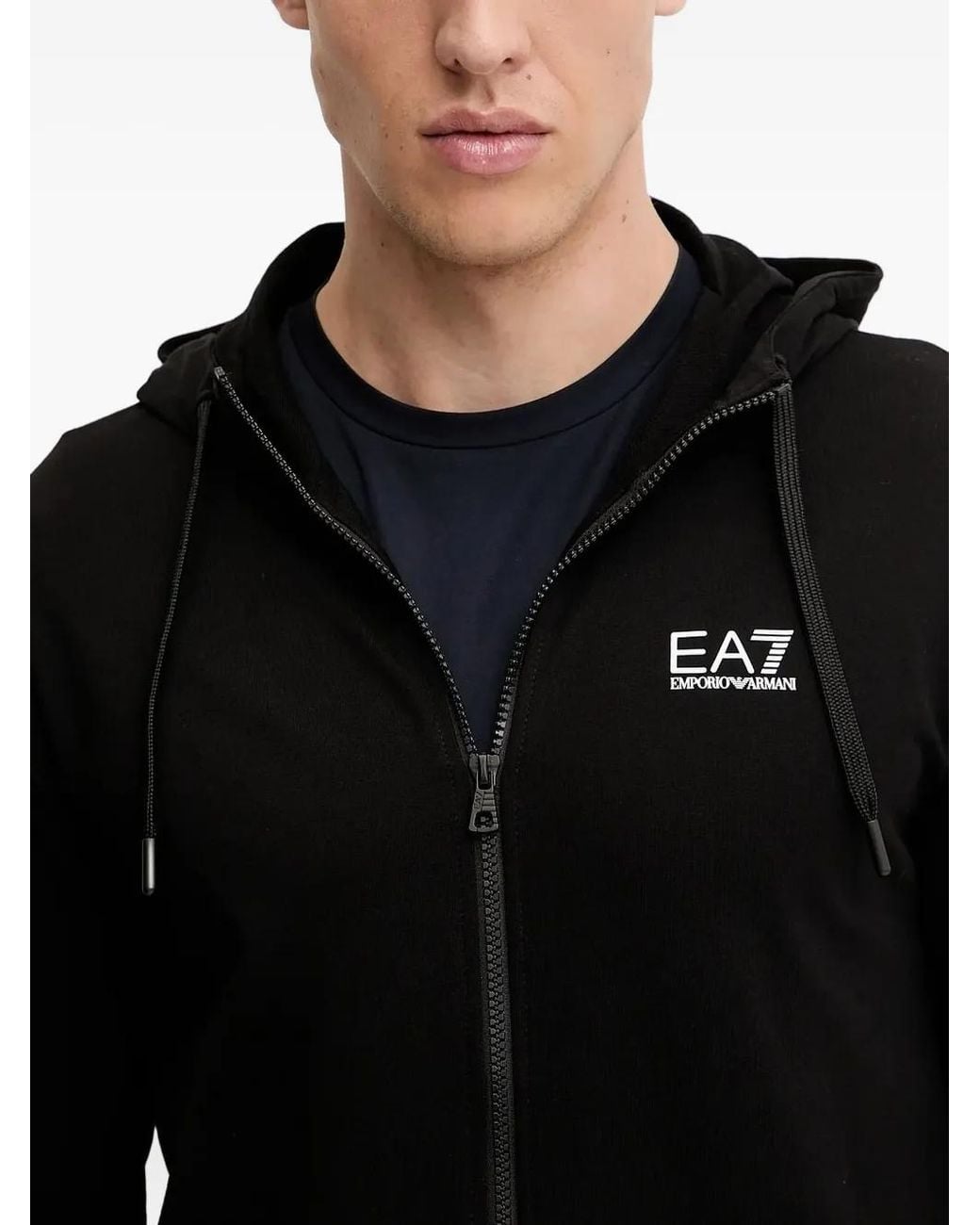 EA7 Black Logo-Detail Zip-Up Hoodie for men