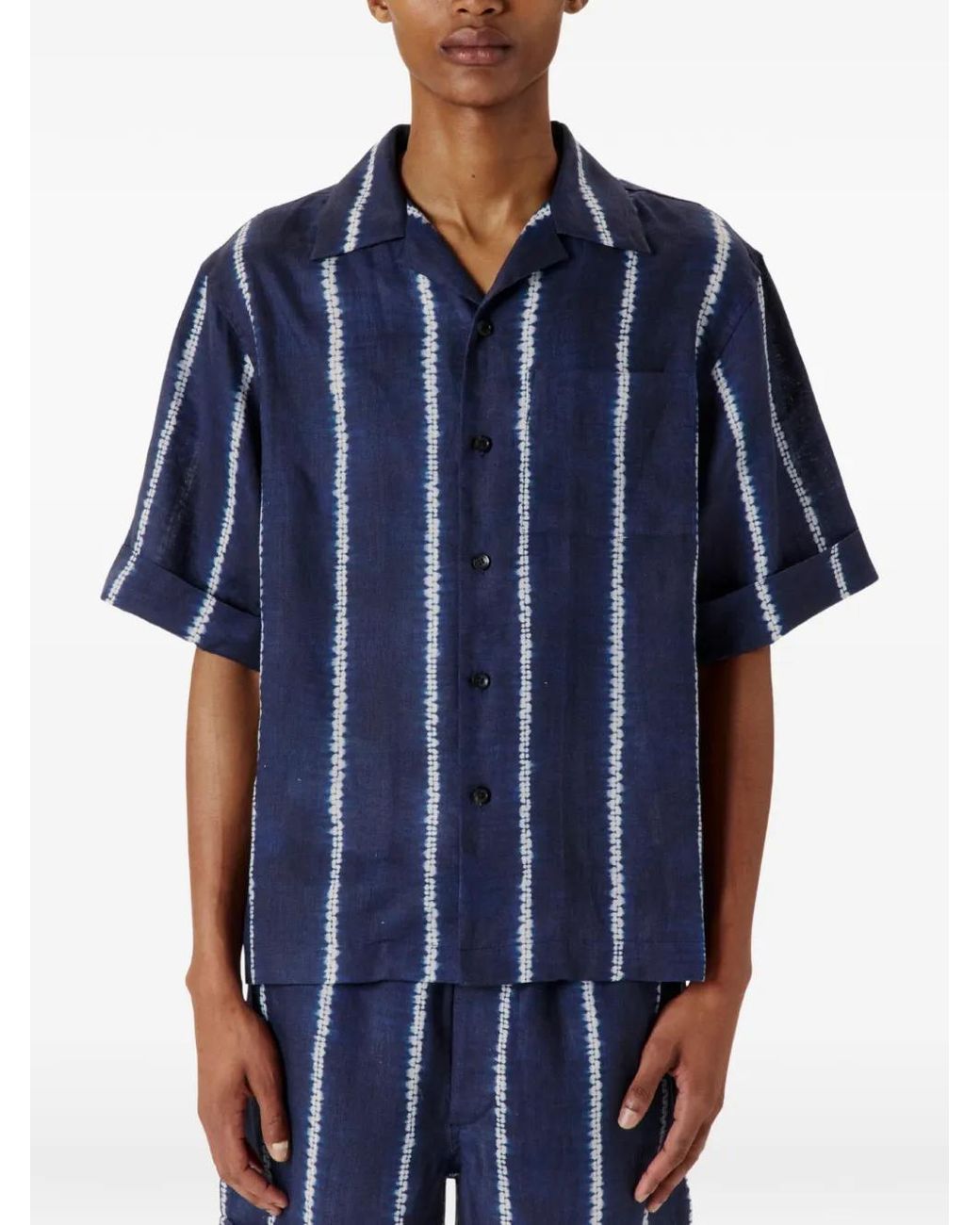 Commas Blue Shibori Stripe Cuffed Camp Collar Shirt for men