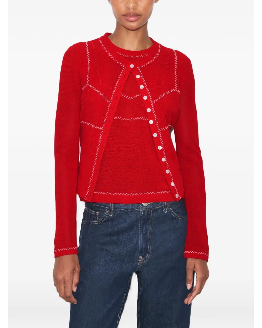 Tory Burch Red Contrast-Stitch Button-Up Cardigan
