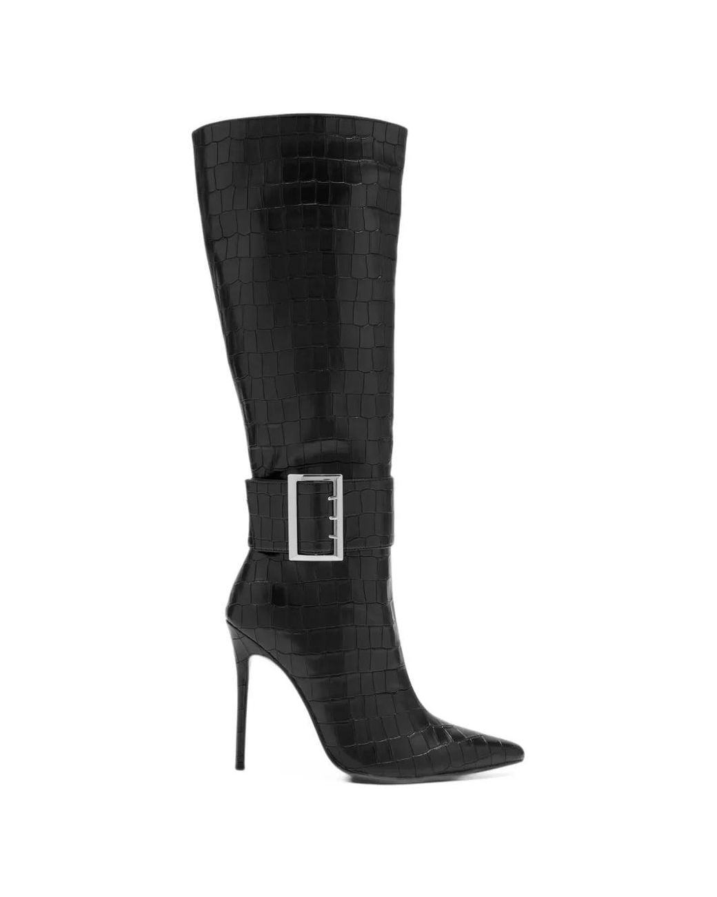 Femme LA Black Aveline Buckled Croc-Effect Boots
