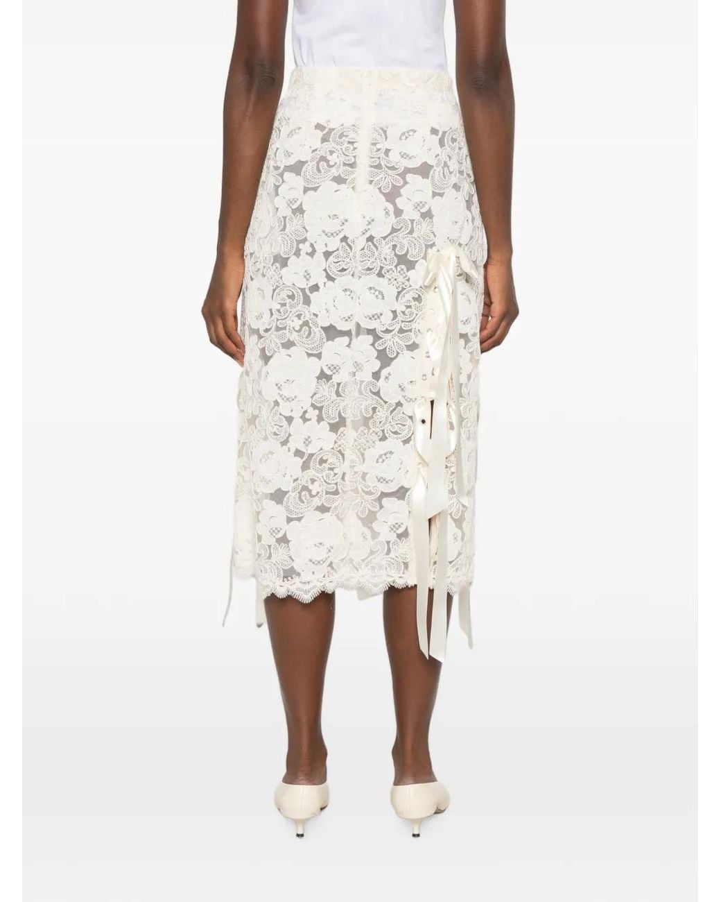 Simone Rocha White Lace-Up Floral-Lace Midi Skirt
