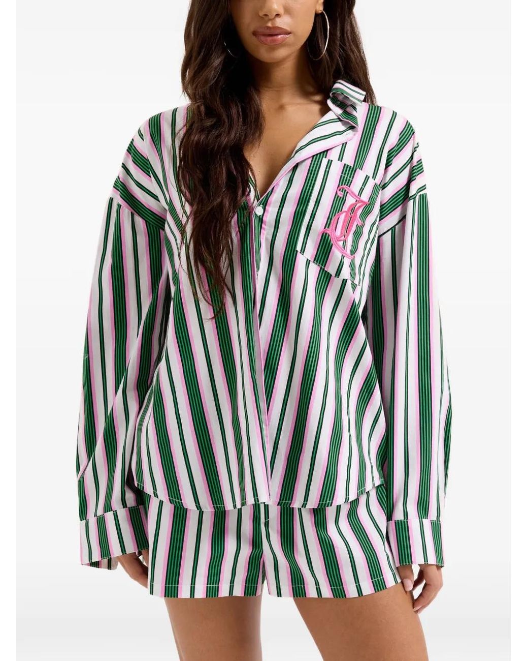 Juicy Couture Green Striped Embroidered-Logo Pajama Shirt