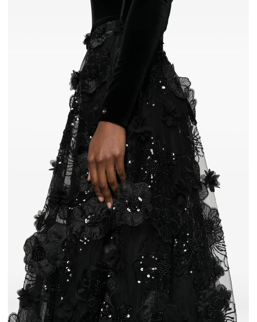 Nissa Black 3D Floral Applique Tulle Midi Dress