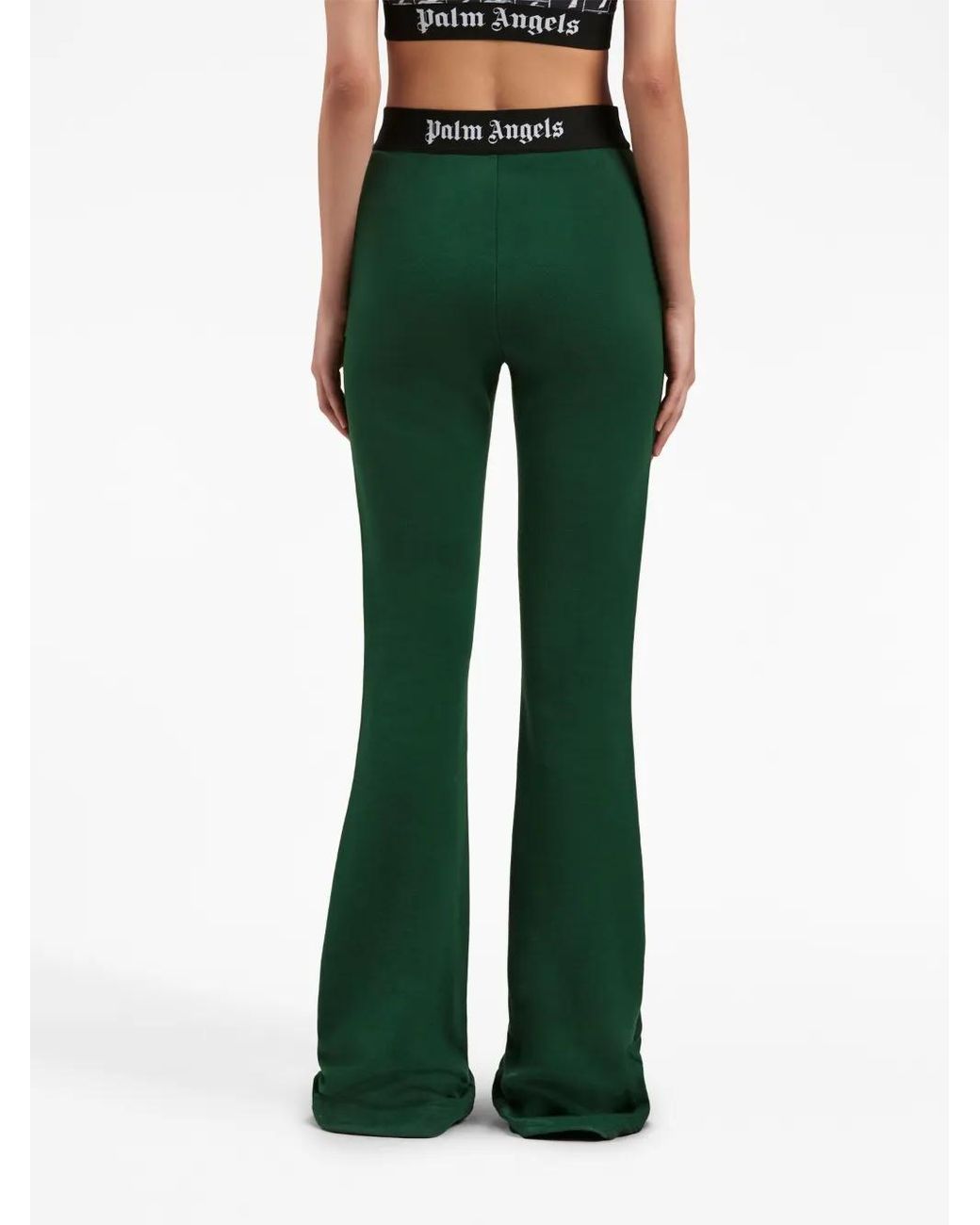 Palm Angels Green Logo-Tape Cotton Flared Trousers