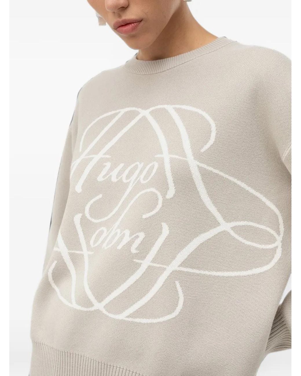 HUGO Gray Logo-Intarsia Crew-Neck Sweater