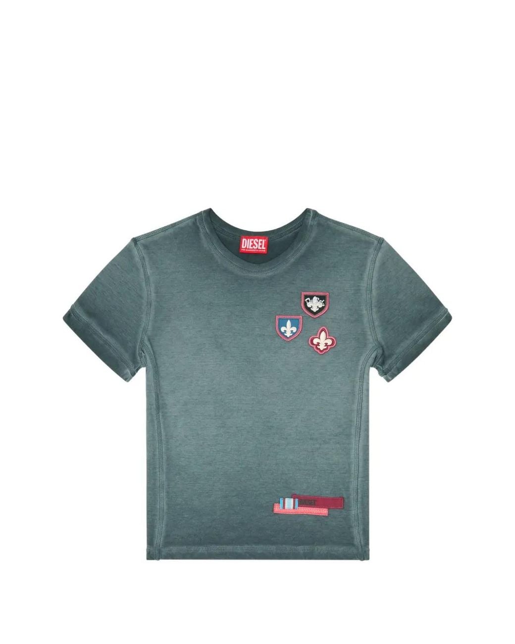 DIESEL Blue T-Shirt With Patches And Microwaffle Sides