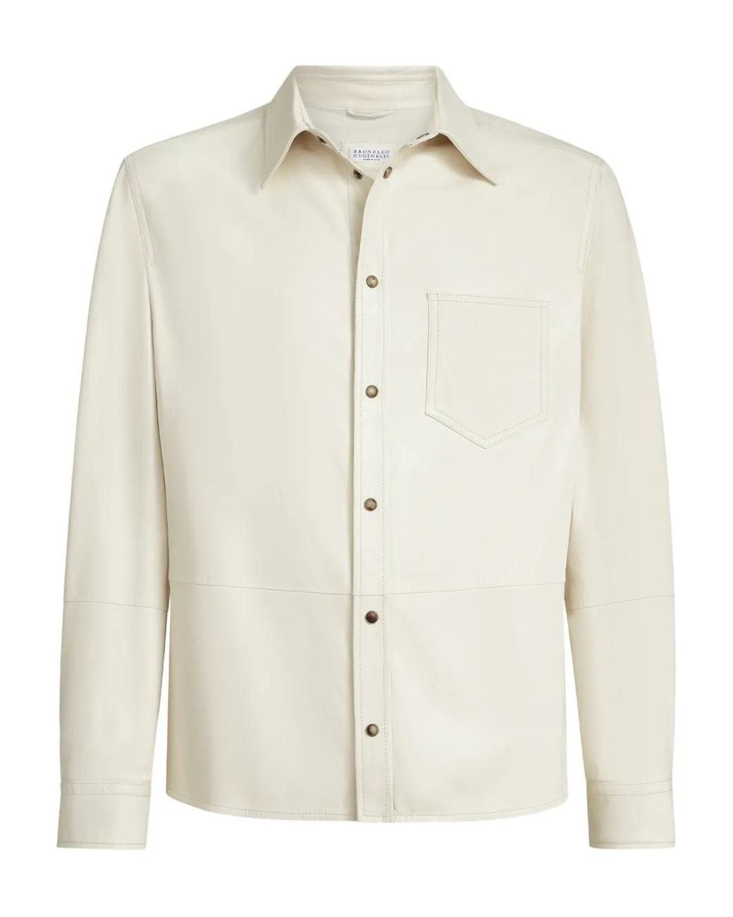 Brunello Cucinelli White Chest-Pocket Long-Sleeve Leather Shirt for men