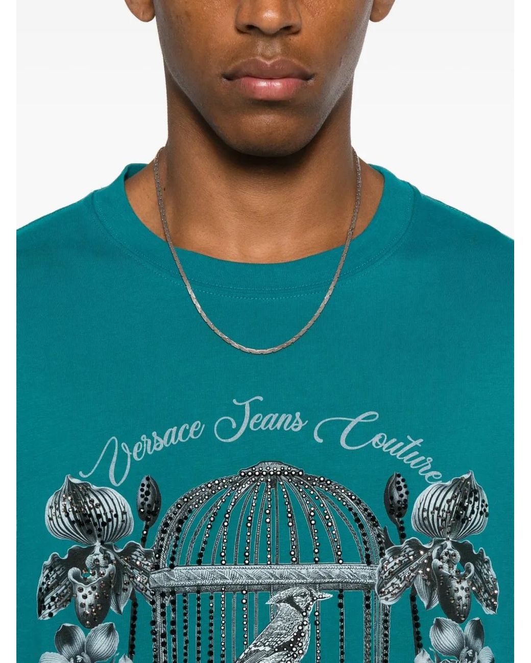 Versace Jeans Couture Blue Birdcage-Print Embellished T-Shirt for men