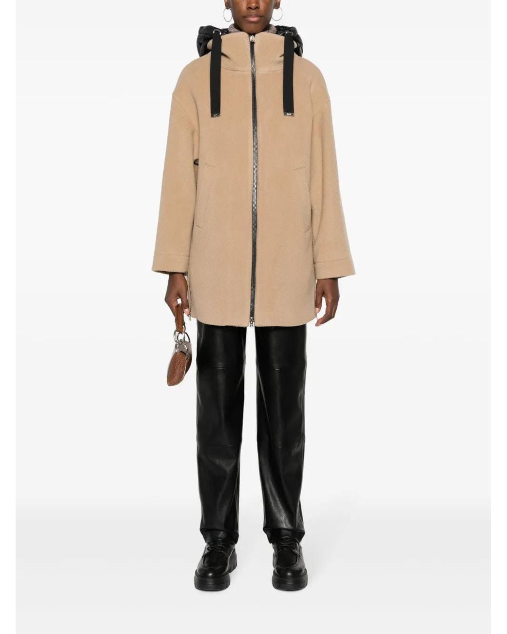 Herno Natural Brown Coat With Padded Hood And Zip Fastening In Wool Woman