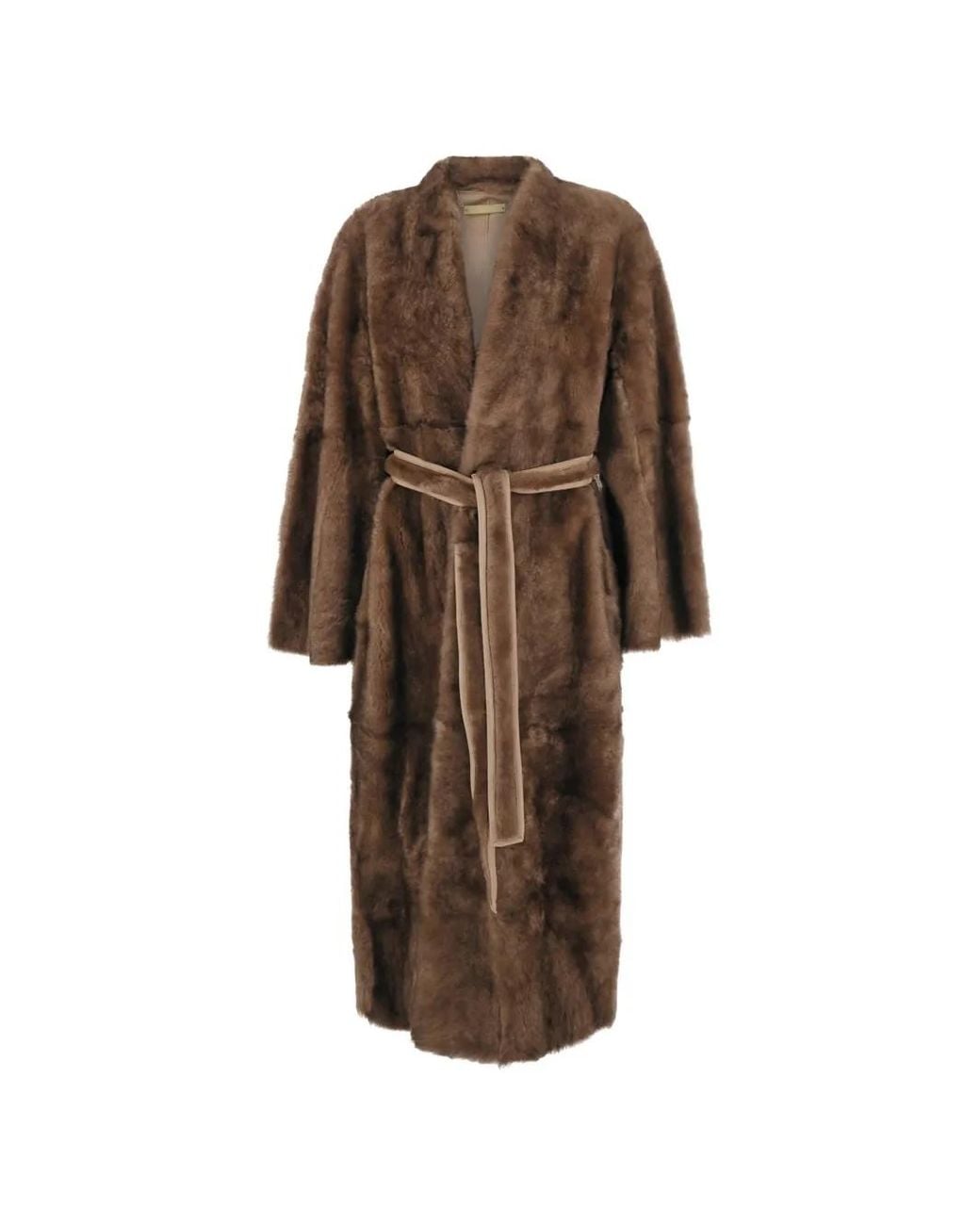 Nour Hammour Brown Belted Shearling Robe Coat