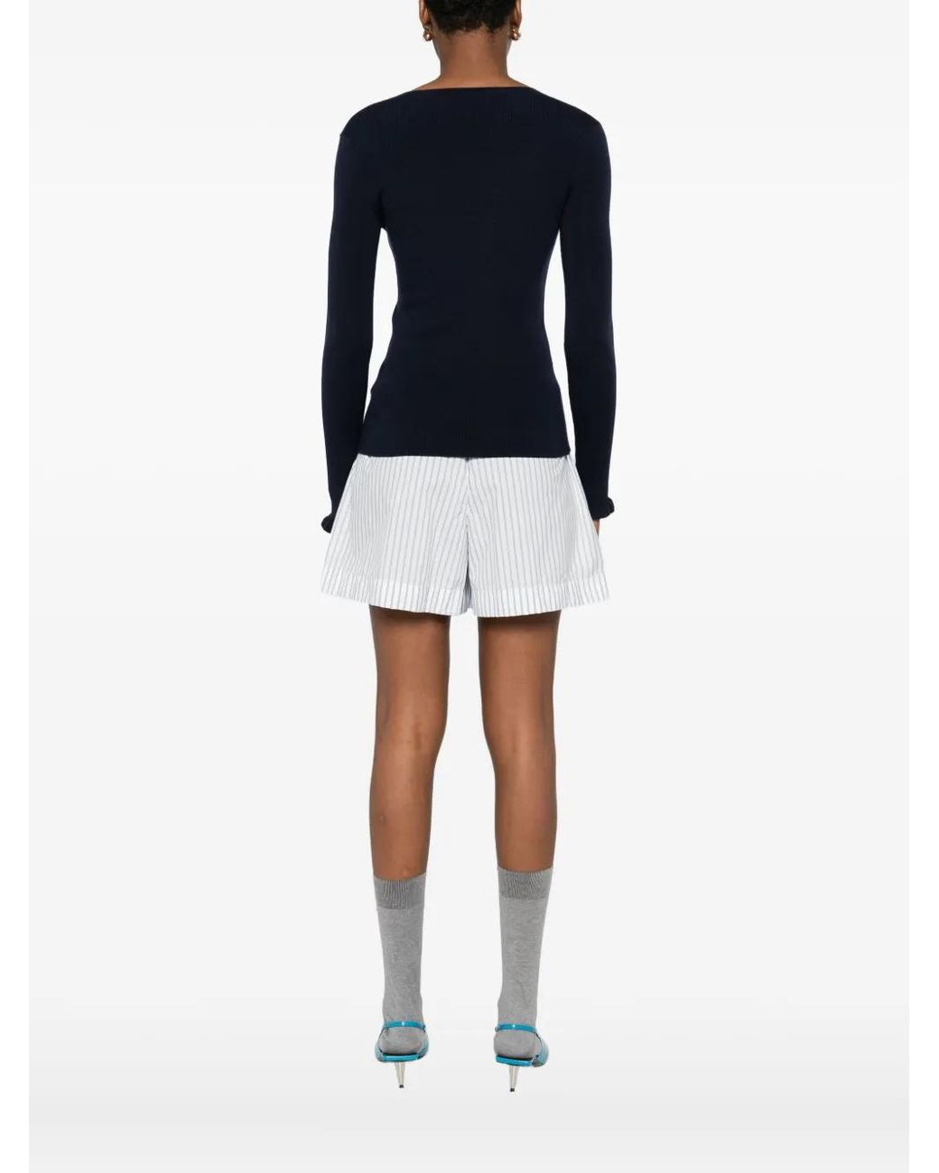 Valentino Garavani Blue Ruffled V-Neck Wool Sweater