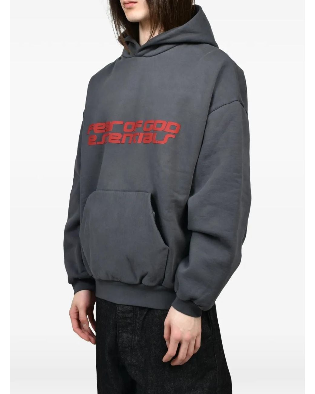 Essentials Gray Logo-Print Cotton Hoodie for men