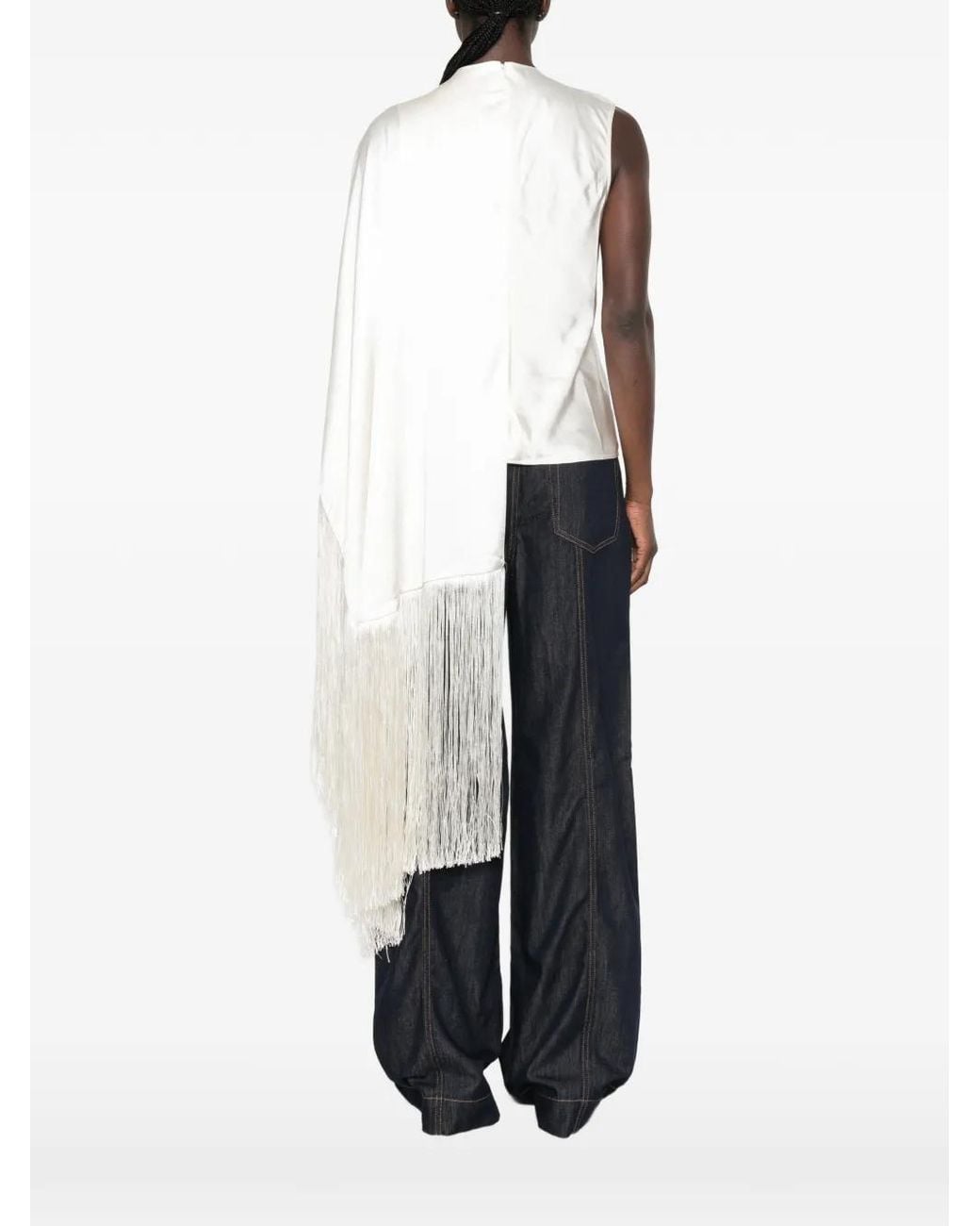 Self-Portrait White Satin Fringed Scarf Top