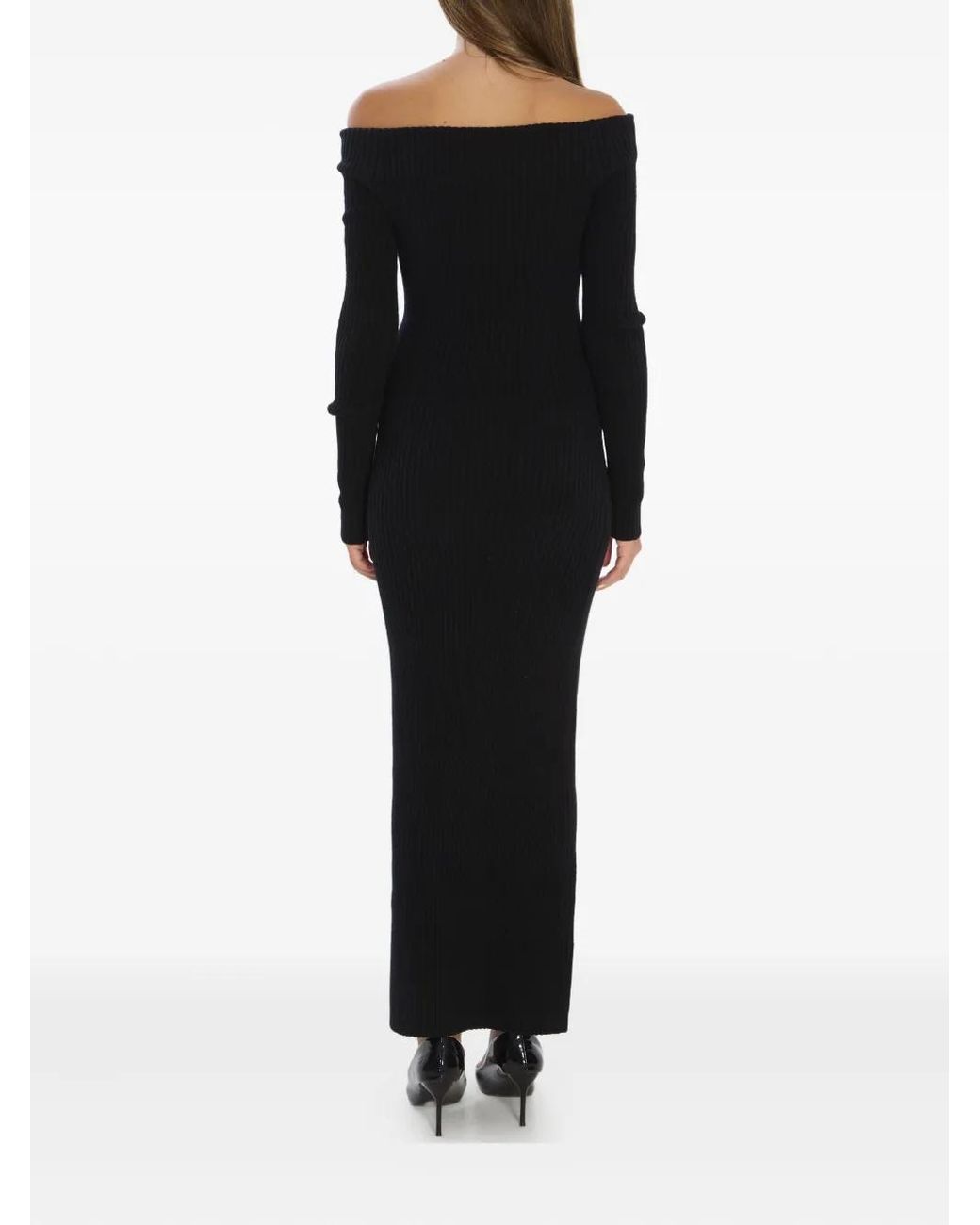 Max Mara Geribbelde Off-Shoulder Maxi-Jurk in het Black