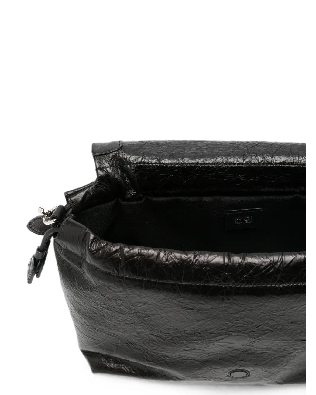 Fendi Black Baguette Soft Large Crackled Leather Bag