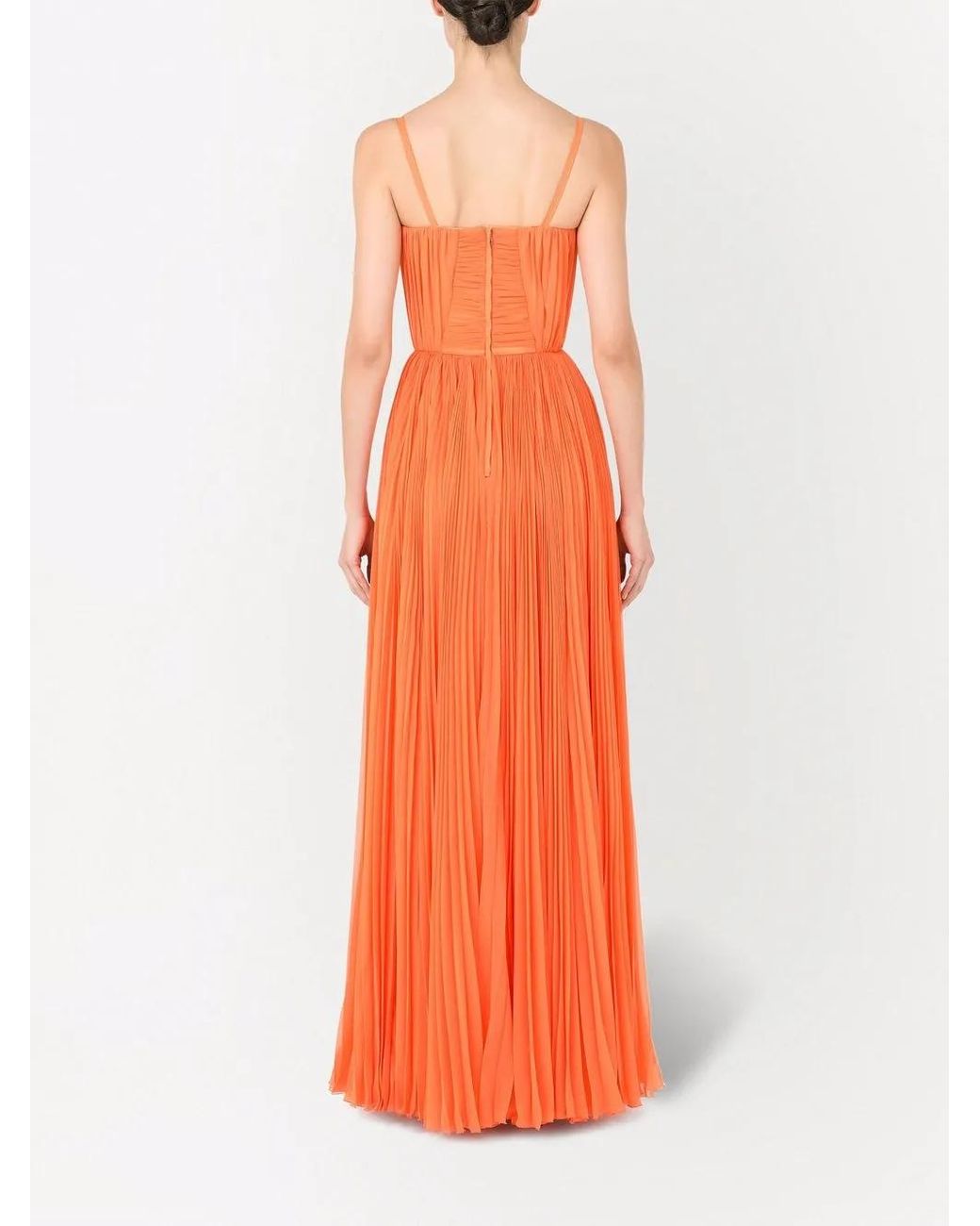 Dolce & Gabbana Orange Robe Longue À Design Plissé