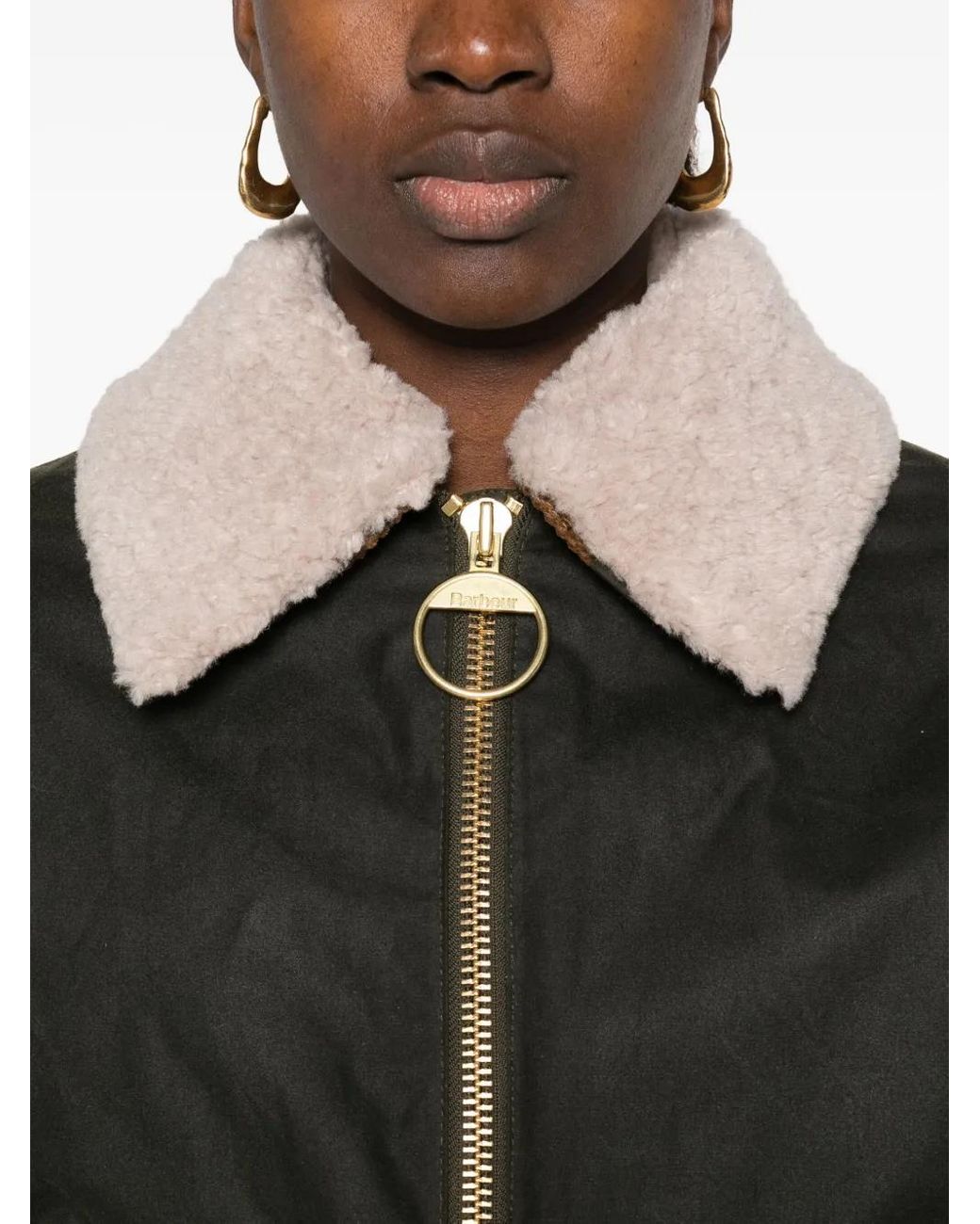 Barbour Black Shearling-Collar Zip-Front Jacket