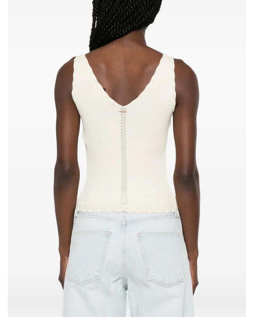 Twinset White Ribbed-Knit Pointelle-Trim Top