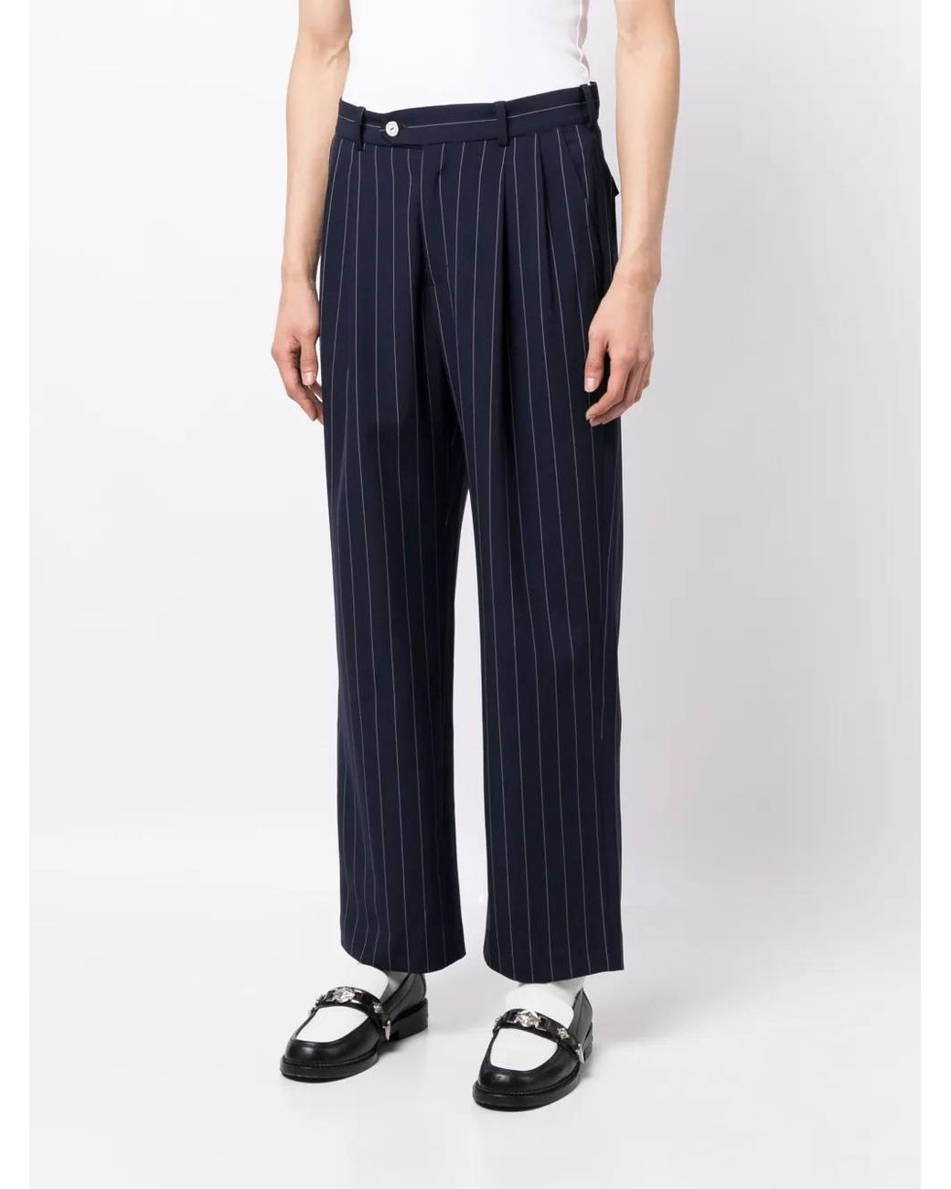 Late Checkout Blue Pinstripe-Pattern Virgin Wool Trousers for men