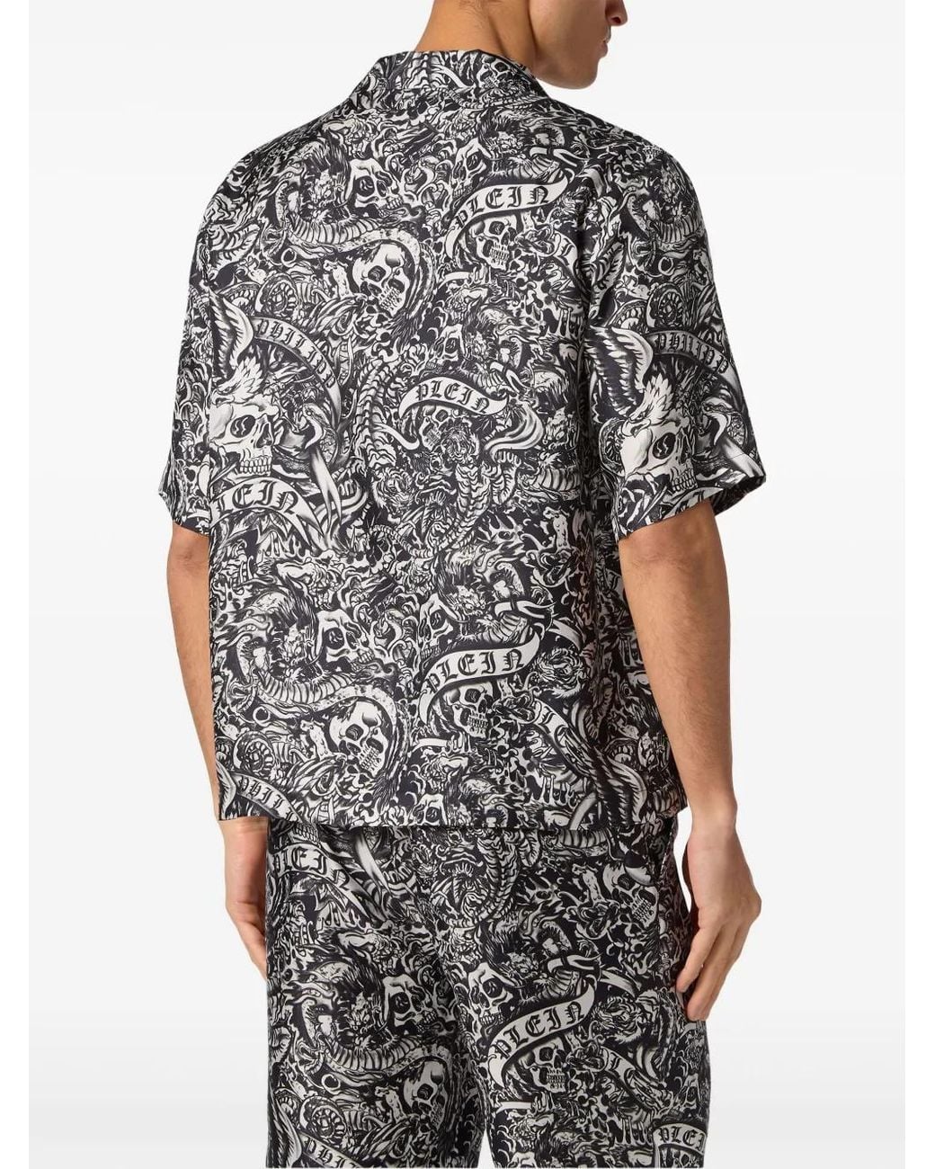 Philipp Plein Gray Tattoo Short-Sleeve Silk Shirt for men