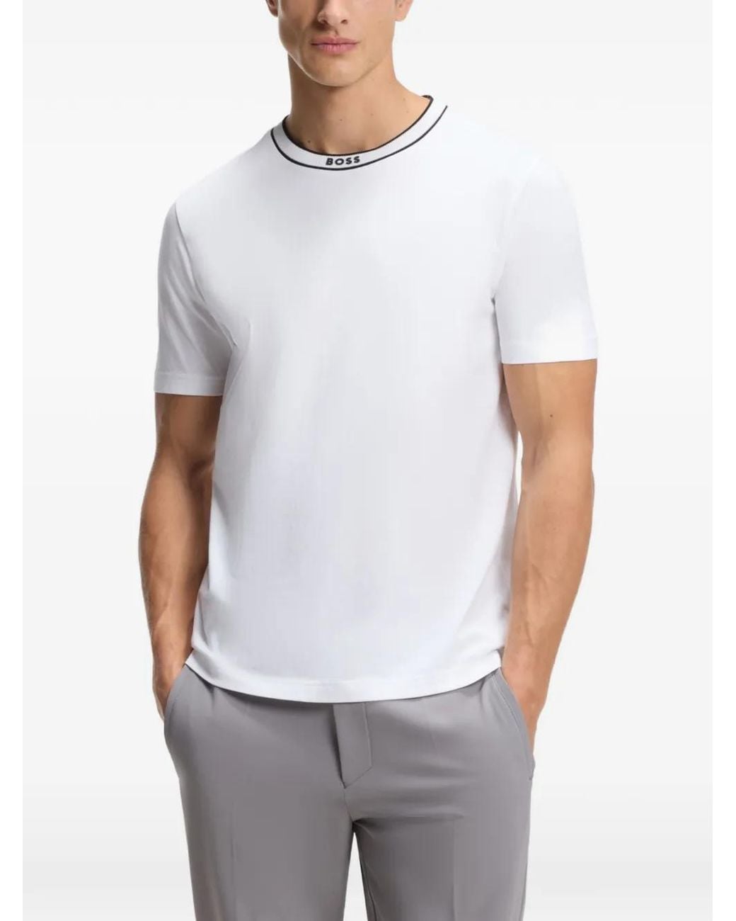 Boss White Cotton T-Shirt With Logo Crew Neck for men