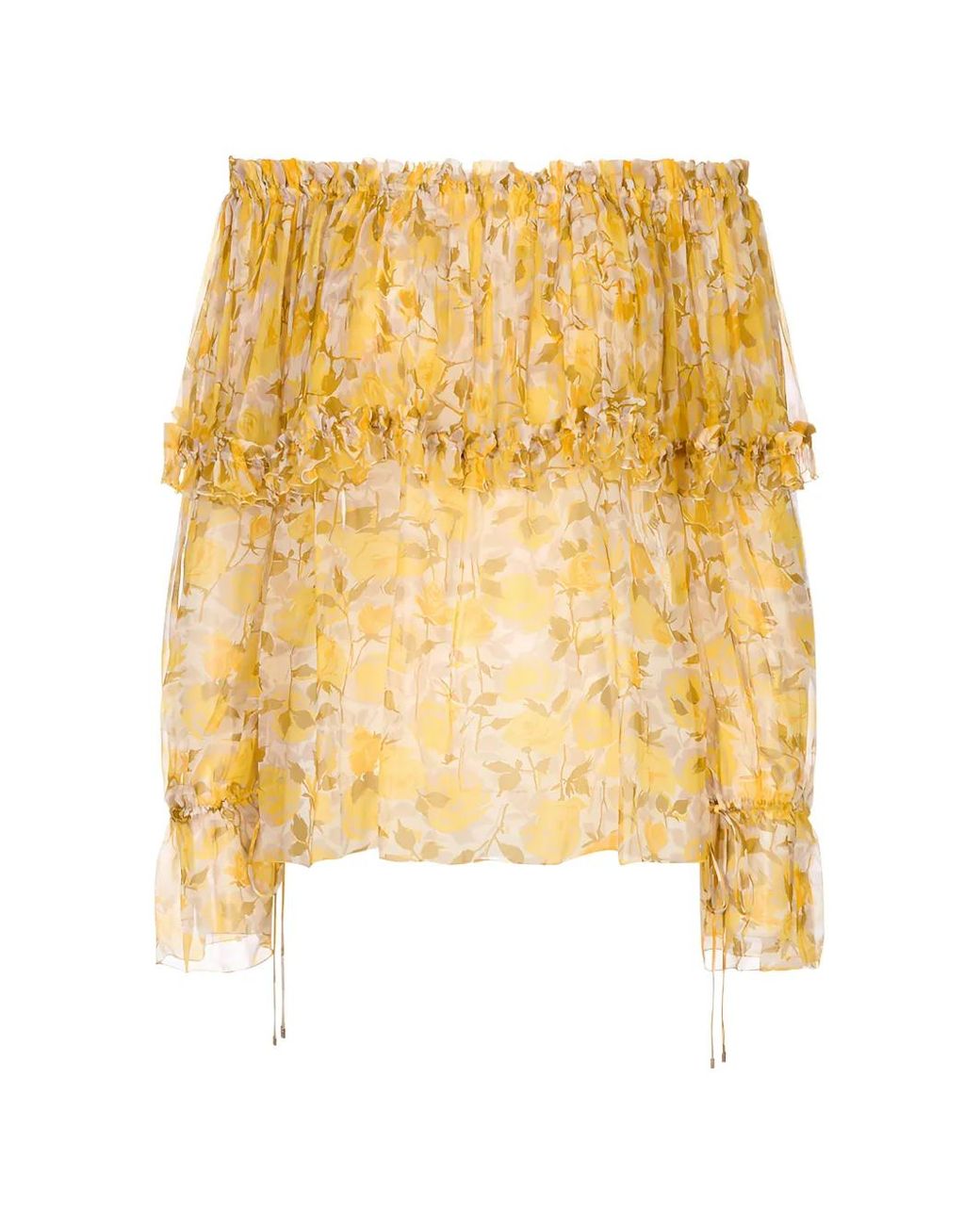 Chloé Metallic Puff-Sleeve Off-The-Shoulder Silk Blouse With Ruffled Flounce