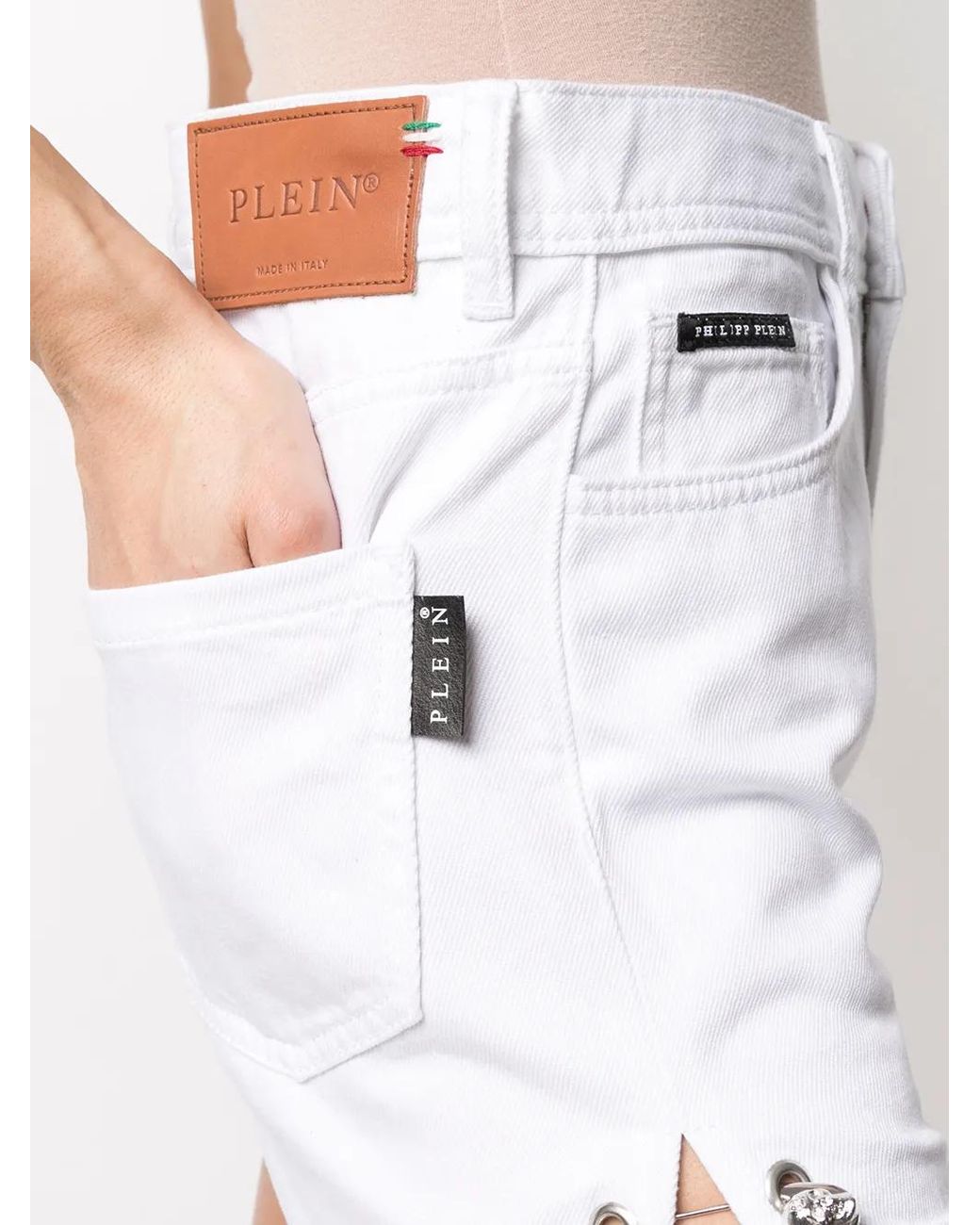 Philipp Plein White Safety-Pin Denim Shorts