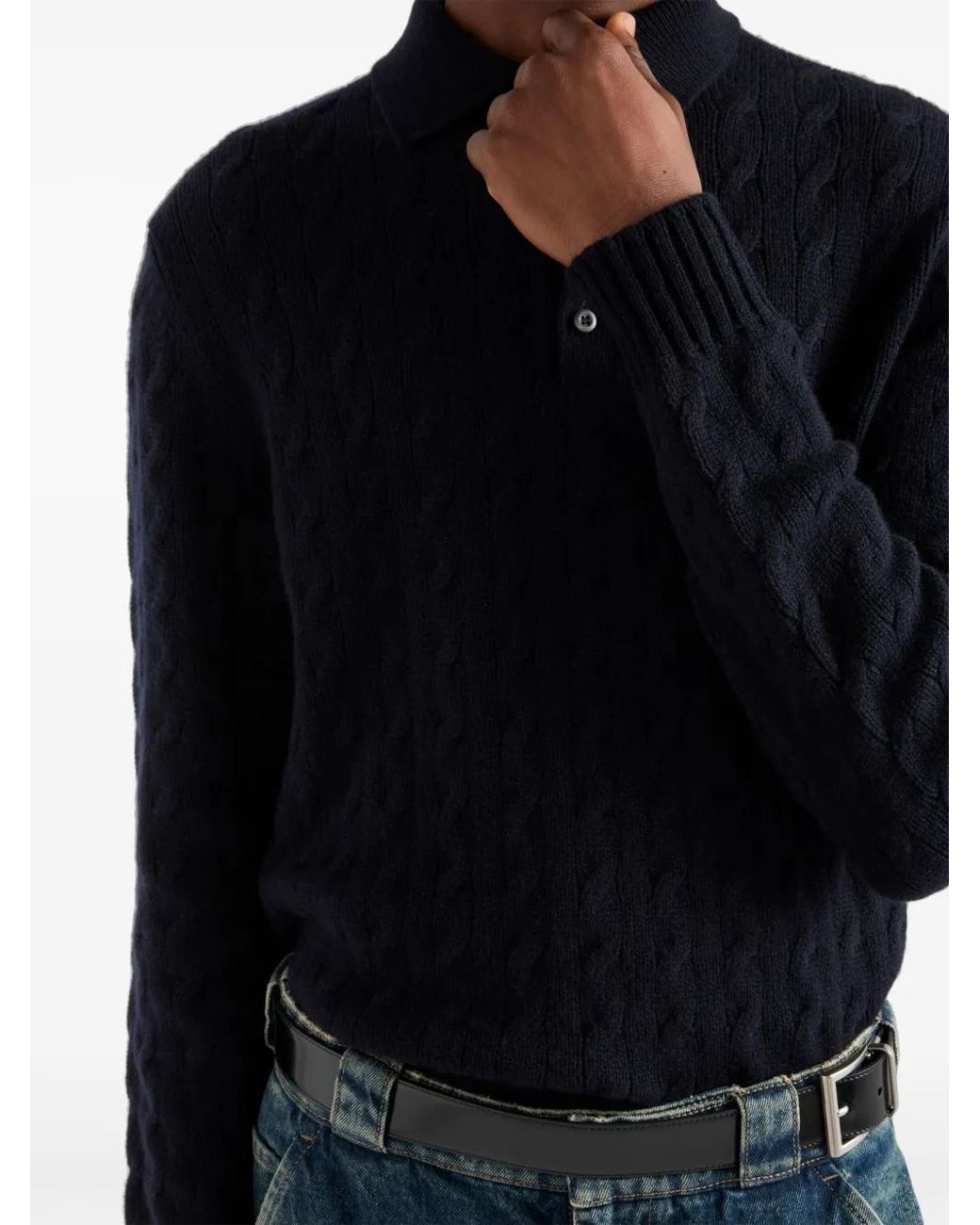 Prada Blue Cable-Knit Polo Sweater for men