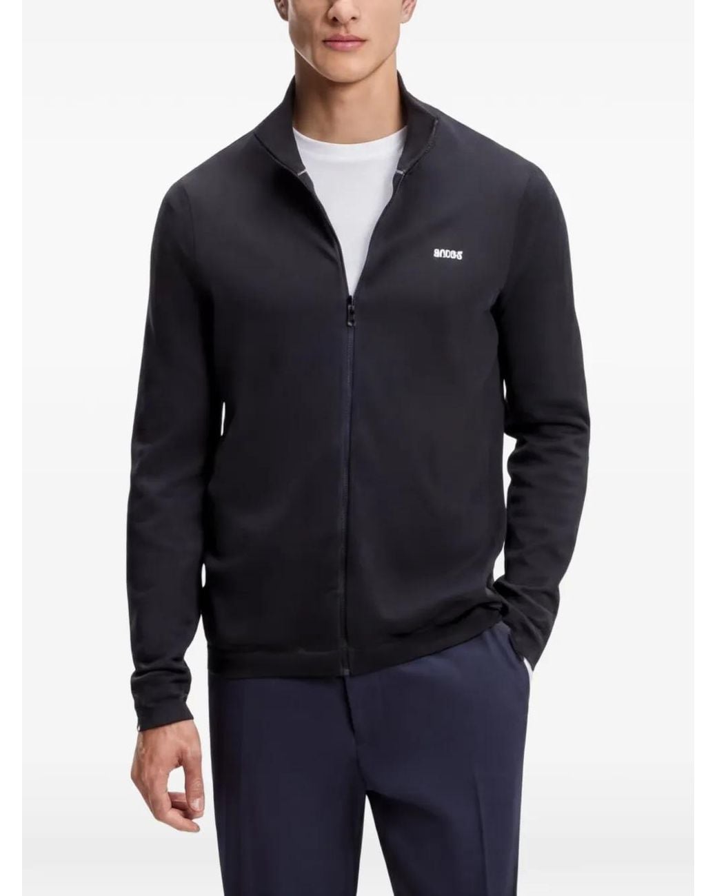 Boss Blue Cardigan En Coton À Logo Contrastant for men
