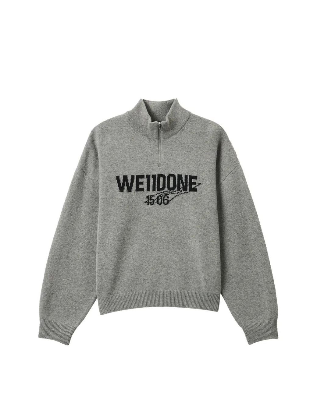 we11done Gray Logo-Intarsia Half-Zip Sweater